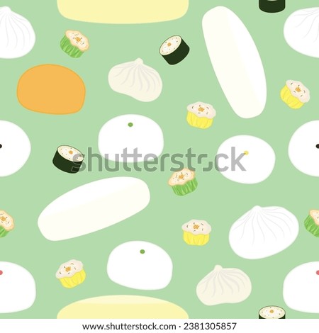 A variety of Chinese appetizers on a green color background, there are dumplings, and Chinese buns such as man toa, sala bao, xiao long bao, pork bun, creamy, pandan custard, and black bean bun.