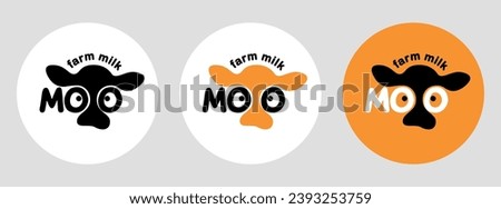 Minimalistic cow's milk logo with funny silhouette of calf's head, cow. Moo fresh farm milk. Vector illustration EPS10
