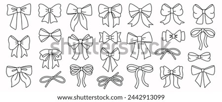 Set of simple decorative holiday ribbon bows for gifts, to decorate hair on white background. Bow outline for gift wrapping for birthday, Christmas, New Year. Isolated Flat Vector EPS10