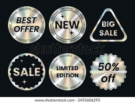 Set of color holographic stickers templates, label with holographic effect. Shiny rainbow emblems Limited Edition, New, 50% off, Best offer, big Sale. Style of the 90s. Vector illustration EPS10

