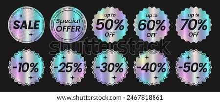 Set of neon holographic round sticker templates, label with holographic effect. Shiny rainbow emblems Sale, up to 50% off, 40%, 60%, 70%, Discount, best price, special offer. Isolated Vector EPS10

