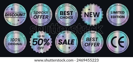 Set of color neon stickers, label with holographic effect. Isolated Shiny rainbow emblems Limited Edition, New, 50% off, Best Choice, offer, Sale, 100% original, Discount. Vector illustration EPS10


