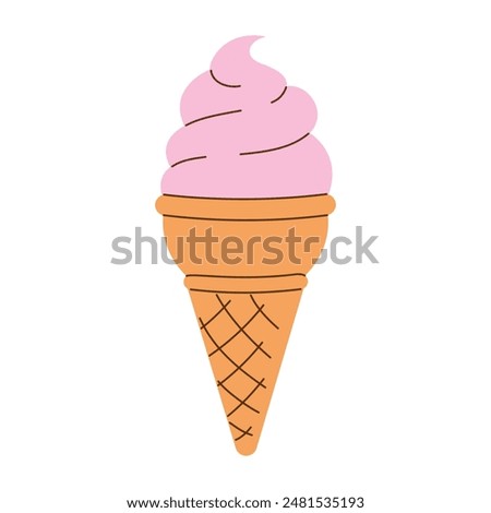 Hand drawn image of strawberry soft serve ice cream in a waffle cone on a transparent background. Minimalistic flat vector illustration EPS10