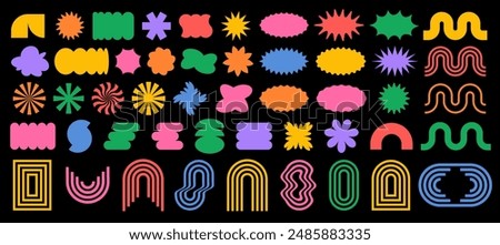 Abstract futuristic geometric shapes, frame, textbox in trendy retro groovy, Y2K style, Vintage. Colored isolated on black background label sticker elements. Flat Vector Illustration EPS10
