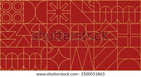 Abstract background with Chinese New Year 2025. Bauhaus outline numbers and snake made of geometric shapes in retro style in red, yellow and gold. Seamless pattern. Vector EPS10