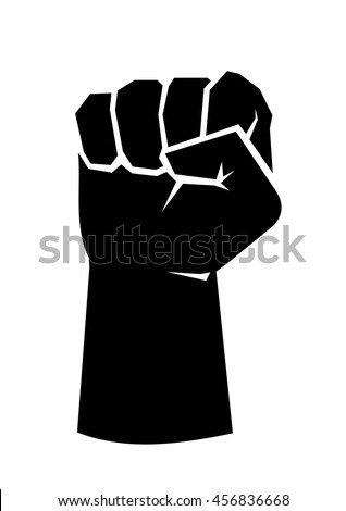 Black silhouette of a male rising fist on a white background with white lines defining fingers and thumb. Symbol of freedom, fight, revolution, unity, strength and struggle. Simple, basic illustration