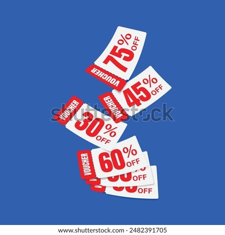 Flying red voucher with blue background, vouchers, exchange. Discount, profitable purchases, Offers, Special premium price offers sale coupon.