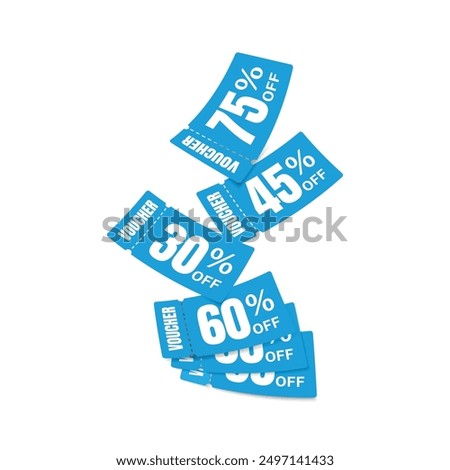 Flying blue voucher with blue background, vouchers, exchange. Discount, profitable purchases, Offers, Special premium price offers sale coupon, Blue vouchers.