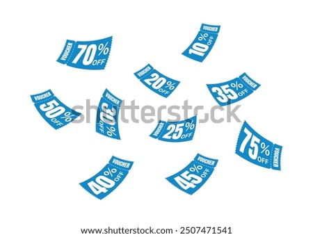 Flying blue voucher with white background, vouchers, exchange. Discount, profitable purchases, Offers, Special premium price offers sale coupon, Blue vouchers, Voucher set design.