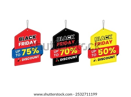 Black Friday offer dangler Vector template design, 70% off, 75% off, 60% off, Black Friday realistic hanging sales label collection, tag, sticker multiple color.