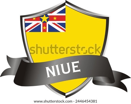 Flag of niue as around the metal silver shield with niue flag