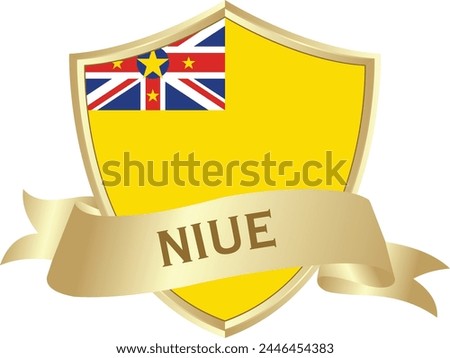 Flag of niue as around the metal gold shield with niue flag