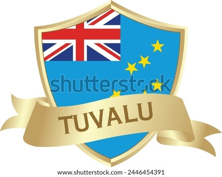 Flag of tuvalu as around the metal gold shield with tuvalu flag