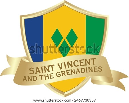 Flag of saint vincent and the grenadines as around the metal gold shield with saint vincent and the grenadines flag