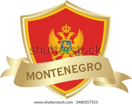 Flag of montenegro as around the metal gold shield with montenegro flag