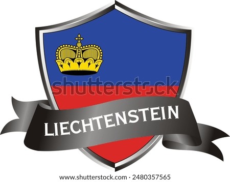 Flag of liechtenstein as around the metal silver shield with liechtenstein flag