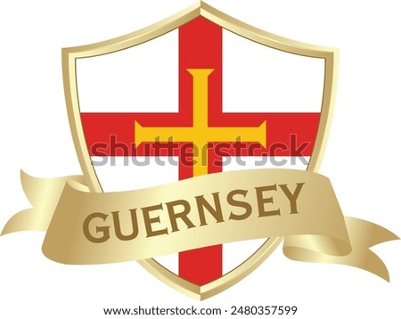 Flag of guernsey as around the metal gold shield with guernsey flag