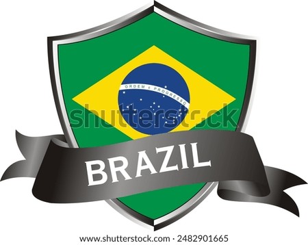 Flag of brazil as around the metal silver shield with brazil flag