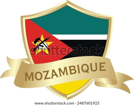 Flag of mozambique as around the metal gold shield with mozambique flag