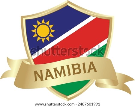 Flag of namibia as around the metal gold shield with namibia flag