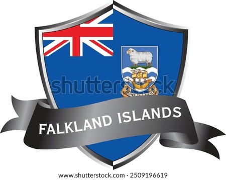 Flag of Falkland Islands as around the metal silver shield with Falkland Islands flag