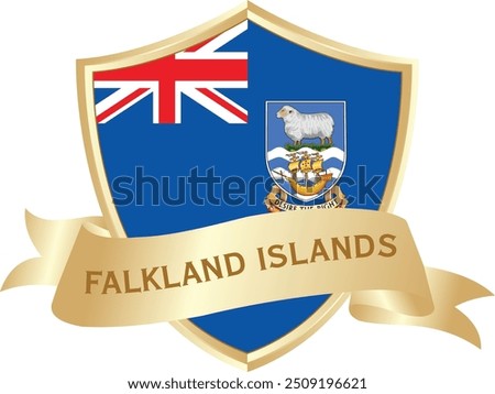 Flag of Falkland Islands as around the metal gold shield with Falkland Islands flag