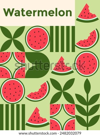 Seamless pattern with watermelon elements, various simple geometric shapes