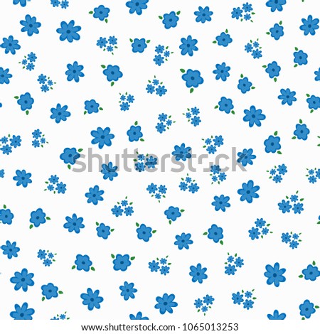 Floral seamless pattern. Repeated cute flowers with leaves. Endless print. Vector illustration. White, blue, green.