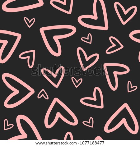 Repeated outlines of hearts drawn by hand. Romantic seamless pattern. Endless cute print. Girly vector illustration.