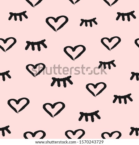 Seamless pattern with hearts and closed eyes drawn with a rough brush. Sketch, grunge, watercolor, paint. Girly vector illustration.