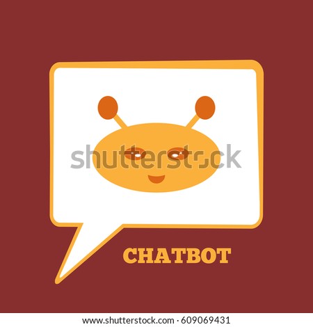 Rectangular speech bubble with the robot's head. Color icon smiling chatbot. Vector illustration.  Yellow, red.