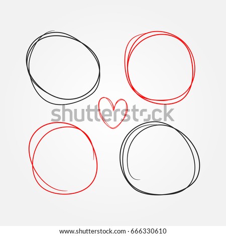 Set of heart and round frames painted by hand. Sketch, doodle, scribble. Black and red isolated elements.  Vector illustration.