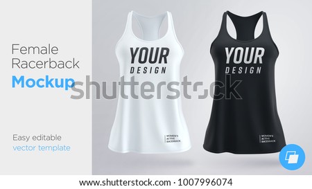 Women's white and black sleeveless tank top. Female active racerback mockup. Vector illustration