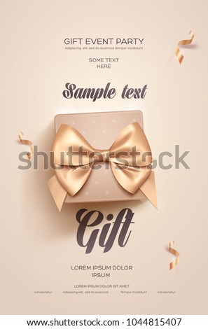 Beautiful Valentine's Day greeting flyer or poster. Top view on beige gift box and golden bow. Vector illustration