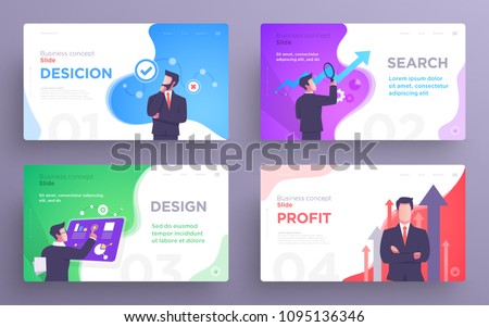 Presentation slide templates or hero banner images for websites, or apps. Business concept illustrations. Modern flat style. Vector