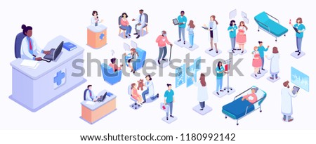 Isometric illustration of medical workers and patients. Hospitals, doctors, patients, reception. healthcare and technology concept