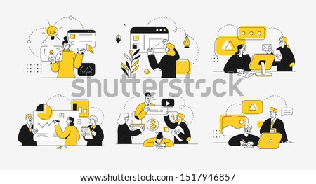 Business concept illustrations. Collection of scenes at office with men and women taking part in business activity. Outline vector illustration.