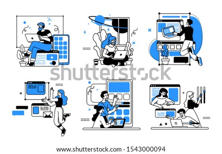 Designing Developing and programming technologies illustrations. Collection of scenes at office. Outline vector style.