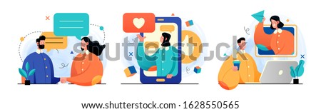 Collection of social media network and digital communication concept illustrations. Perfect for web design, banner, mobile app, landing page. Vector Illustration