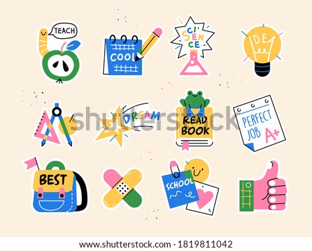 Back to school collection of badges for students with school supplies. Vector illustration