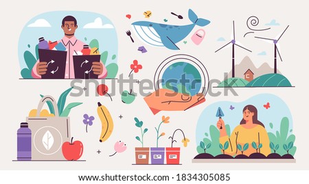 Collection of ecology illustrations. Eco friendly people set protecting the environment, sorting and collecting waste, using alternative energy and ecological transport. Vector