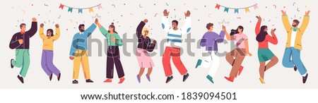Grand opening ceremony celebration or other big ceremony event concept. Шllustrations of excited happy people celebrating an event. Vector