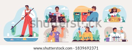 Collection of ecology illustrations. Eco friendly people set protecting the environment, sorting and collecting waste, using alternative energy and ecological transport. Vector