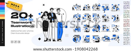 Business Teamwork illustrations. Mega set. Collection of scenes with men and women taking part in business activities. Trendy vector style