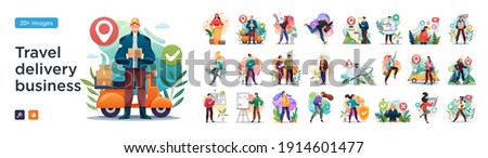 Business Travel, Delivery and social media illustrations. Mega set. Collection of scenes with men and women taking part in business activities. Trendy vector style