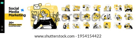 Social Media Marketing illustrations. Mega set. Collection of scenes with men and women taking part in business activities. Trendy vector style