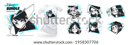 Set of t-shirt illustratiions of close up female anime eyes look with broken glass effect. Black and white Manga style. Vector illustrations of anime characters.