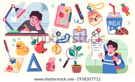 Collection of School illistrations with Cute happy children, school supplies and different decoration elements. Vector set