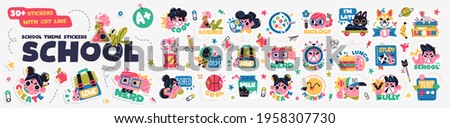 Collection of School stickers or badges with happy children, school supplies and different decoration elements. Vector set