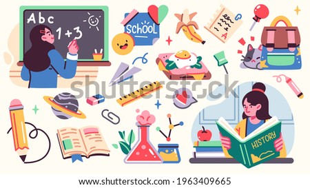 Collection of School illistrations with Cute happy children, school supplies and different decoration elements. Vector set